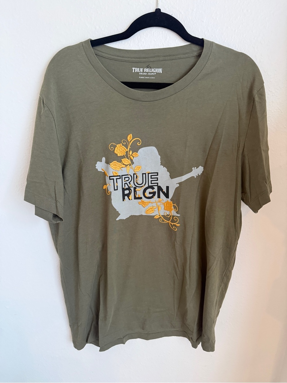 True Religion Olive Short-Sleeve Tee with Yellow & White Graphic